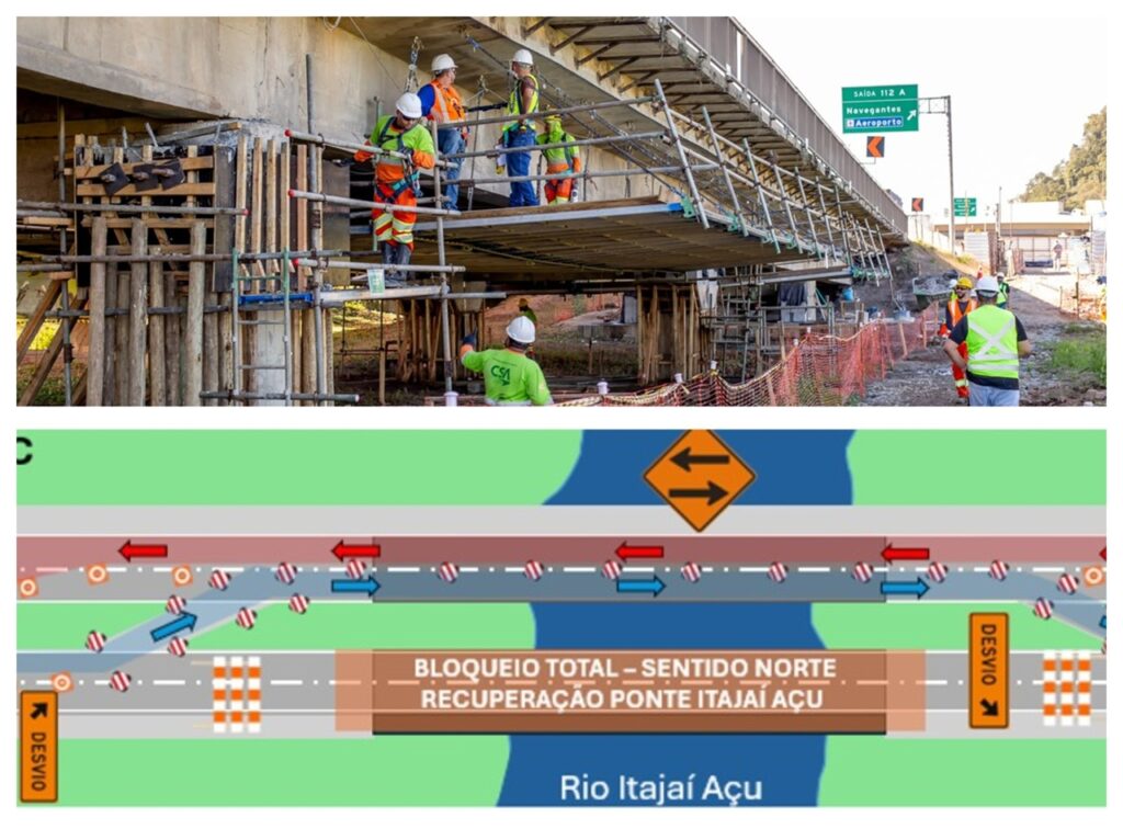 Obras na Rodovia BR-101 alteram trânsito na ponte entre Itajaí e Navegantes. - Foto: Divulgação