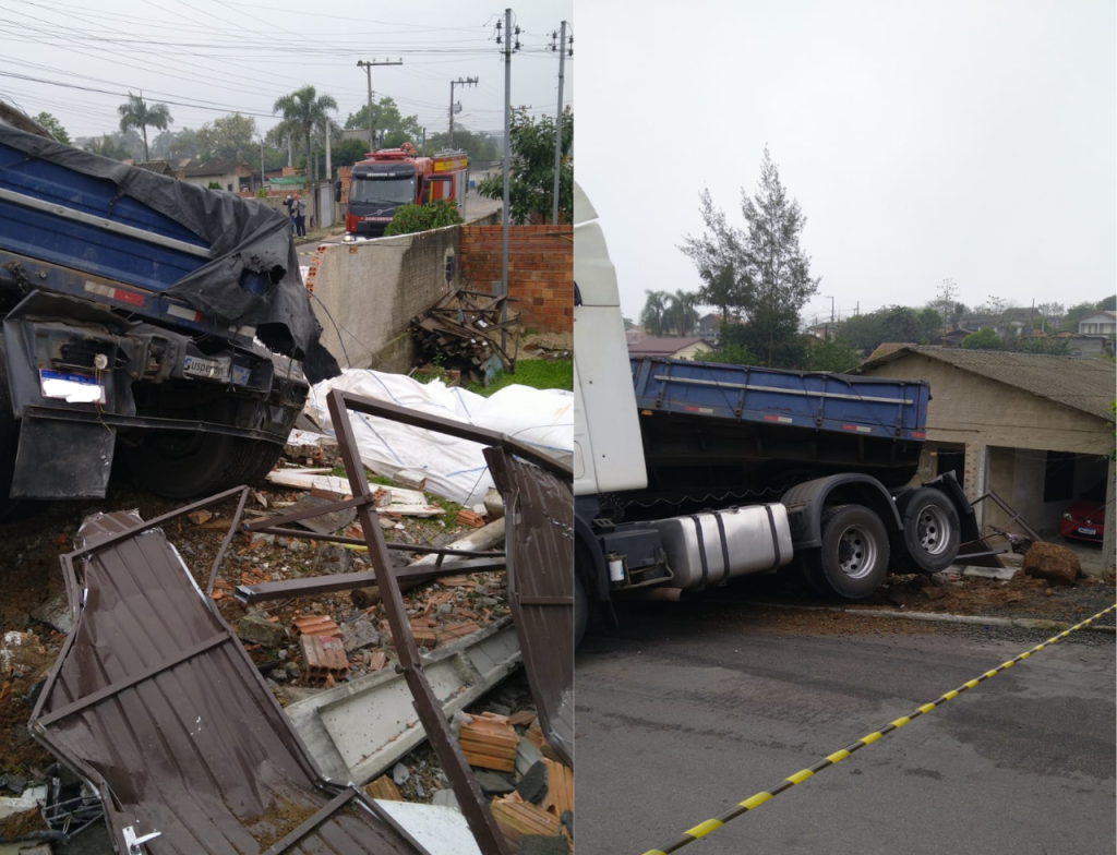 Caminhão sai da pista e bate em muro de residência em Criciúma - Foto: Divulgação/CBMSC