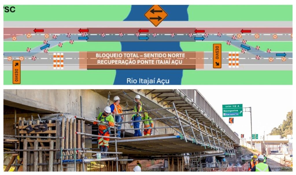 Condutores devem redobrar atenção com desvios noturnos nas obras da ponte de Itajaí na BR-101 nesta semana. - Foto: Divulgação