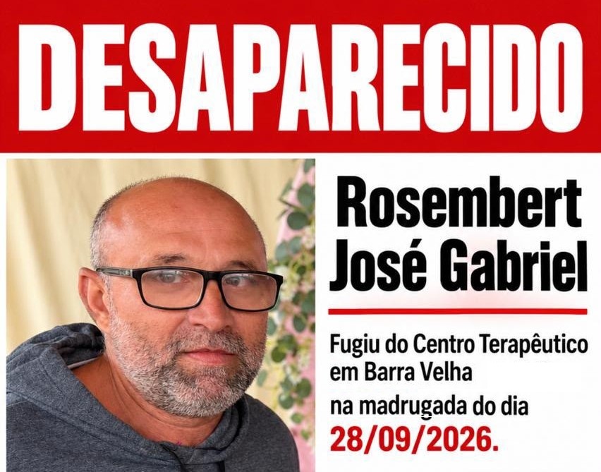 Família procura homem desaparecido após fugir de centro terapêutico em Barra Velha. - Foto: Divulgação